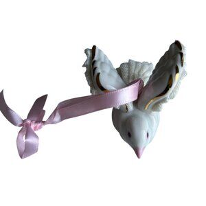Irish Dresden Porcelain Dove Ornament With Pink Ribbon & Lace Detailing